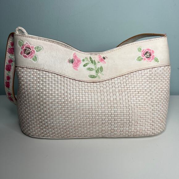 Cee Klein Purse Ivory Leather Basketweave Shoulder Bag Embossed Pink Roses - Picture 4 of 13